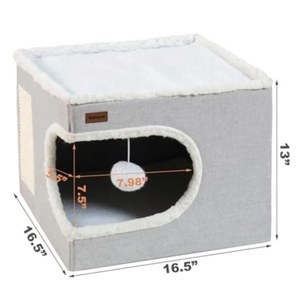 Cat Bed Cube House Covered Cat Cave Bed with Scratch Pad Toy Hideaway for Cats